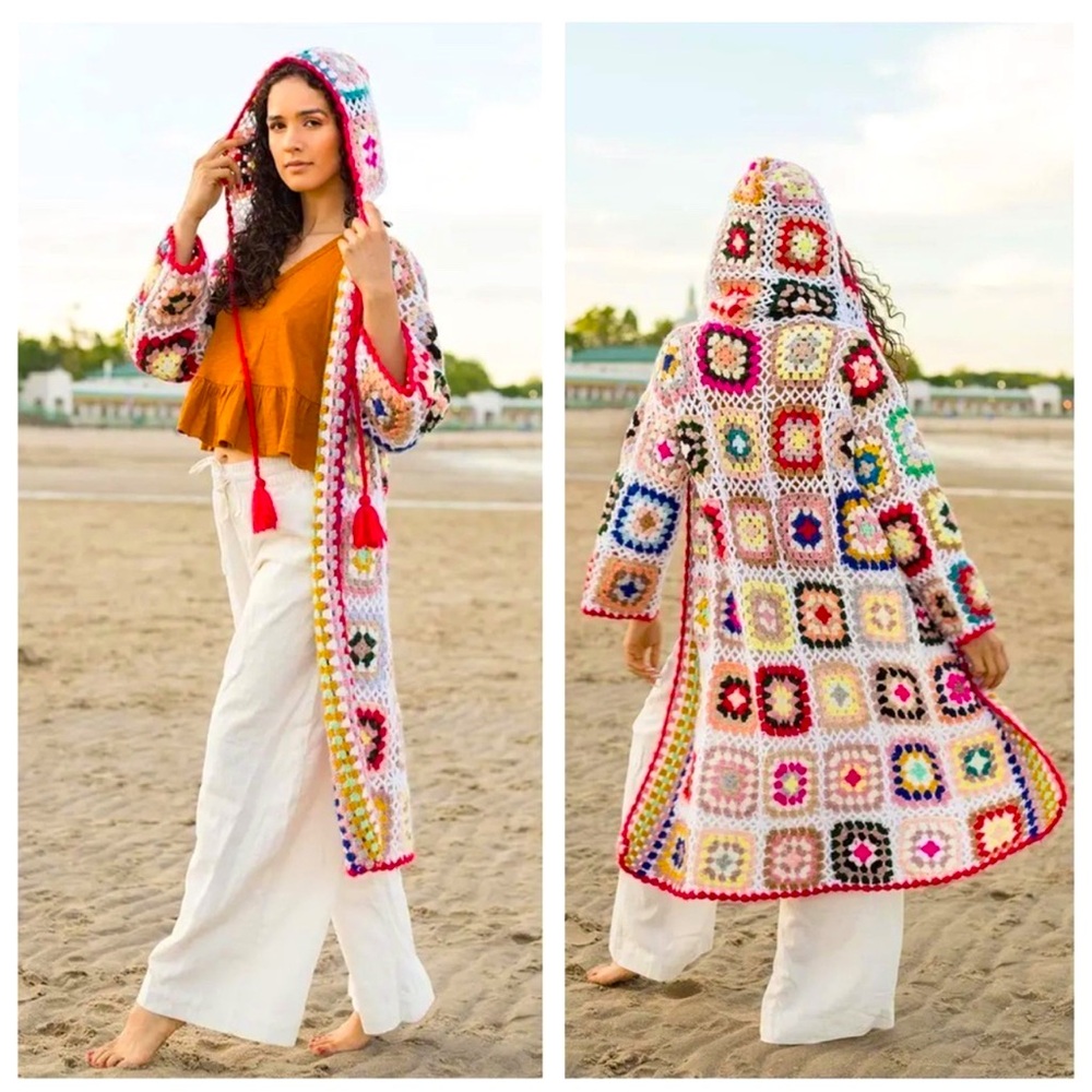 Anthropologie SAACHI Boho Hooded Granny Cardigan Sweater